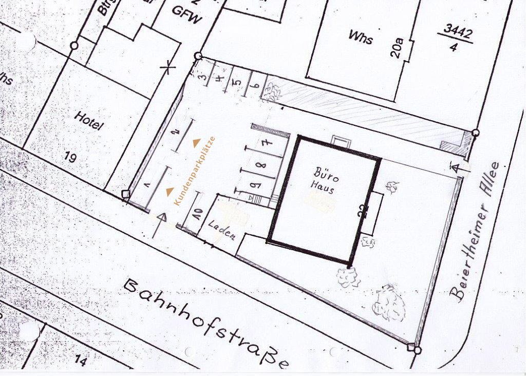 Planskizze mit den Parkplätzen für Kunden von Massschneidermeisterin Vera Grünwald